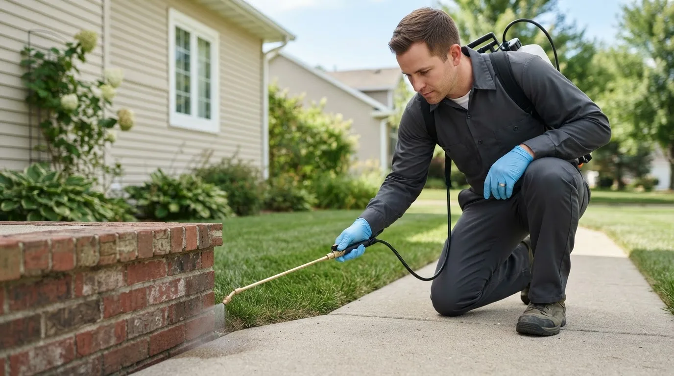 Pest control technician treating a home near Oilton, TX